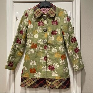 Unbranded Coat Women’s Sz 2 Green Leafs Plaid Artsy Colorful Peter Pan Collar